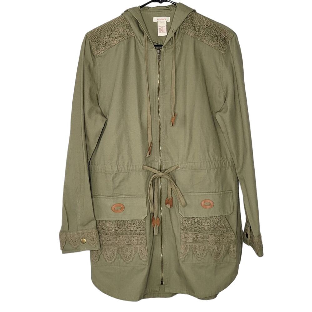 Sundance Green Crochet Lace Hooded Zip Up Anorak Jacket Women's Small
